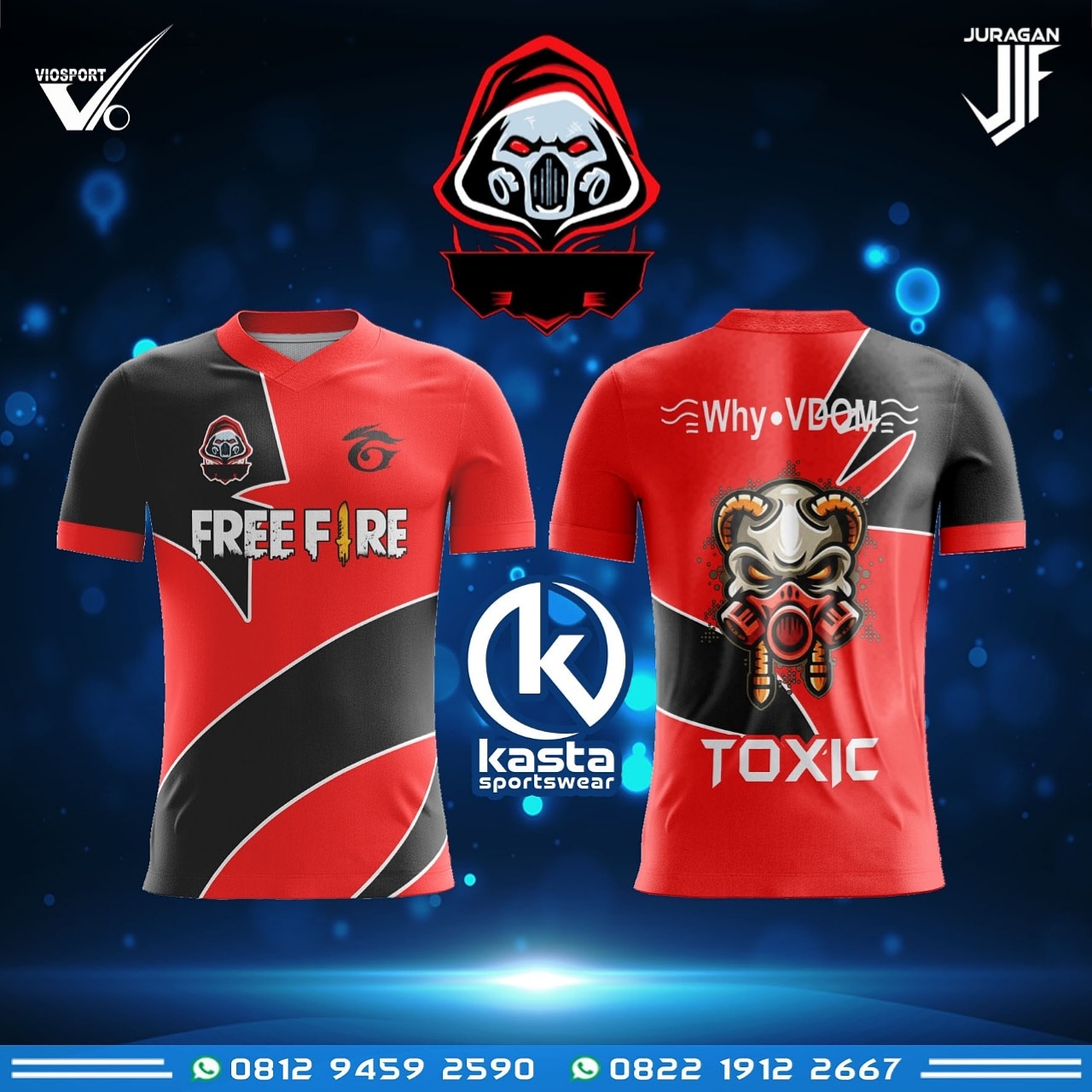 Jersey gaming custom bertema Free Fire warna merah hitam printing sublim